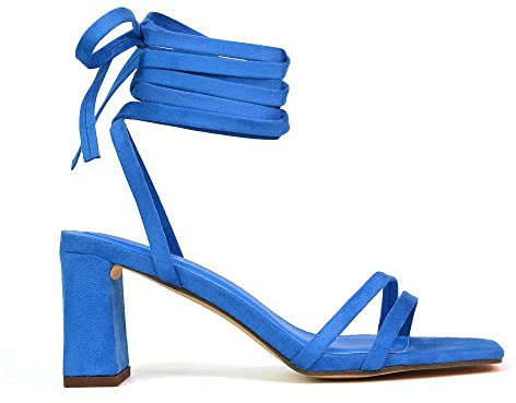 Womens Lace Up Strappy Ankle Strap Sandals Ladies Blue Mid High Block Heel Square Toe Shoes Size 3