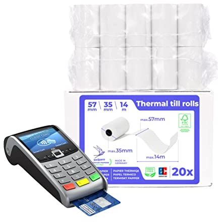 SWIPARO - Rouleau tpe 57mm x 14m x 12mm – Rouleaux pour terminal carte bancaire – Bobine papier thermique 57x35x12 - sans BPA (20 Bobines)