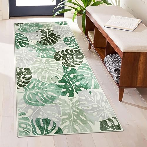 Wonnitar Monstera Leaf 5 x 10 cm Badezimmerläufer, waschbar, rutschfest, Badteppich, Läufer, Küstengrün, weicher Waschküchenteppich, Niederflor, Bodenteppich für Schlafzimmer, Eingang, Küche