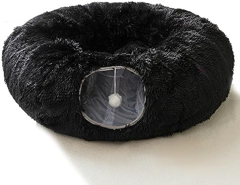 HIPIPET Winter Plüsch Katzentunnel mit Bett für Indoor Haustiere Multifunktionales Spielzeug für Kleine Mittlere Große Katzen (Schwarz)