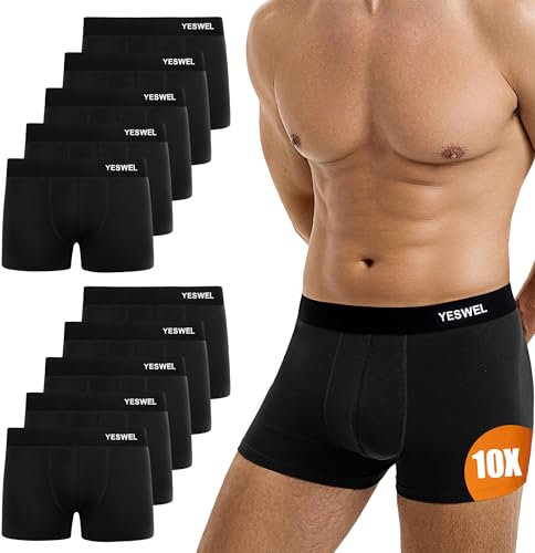 YESWEL Boxershorts Herren 10er Pack, Ohne Kratzenden Zettel Unterhosen Unterwäsche, Baumwolle Retroshorts für Männer (10x Schwarz, L)