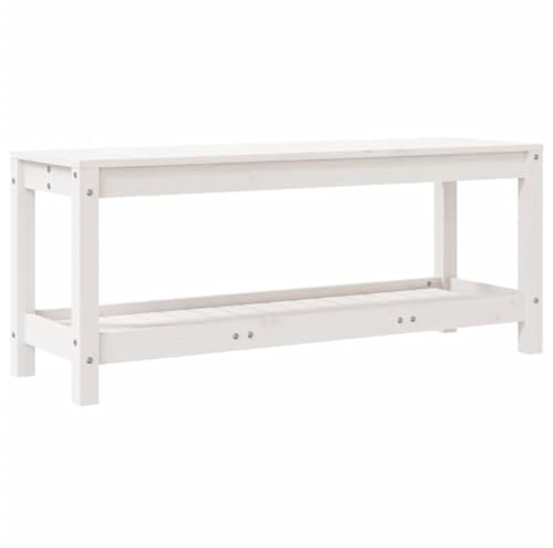 vidaXL Gartenbank, Sitzbank mit Latten-Design, Parkbank Bank mit 1 Ablage, Holzbank Außenbank Gartenmöbel, Weiß 108x35x45 cm Massivholz Kiefer