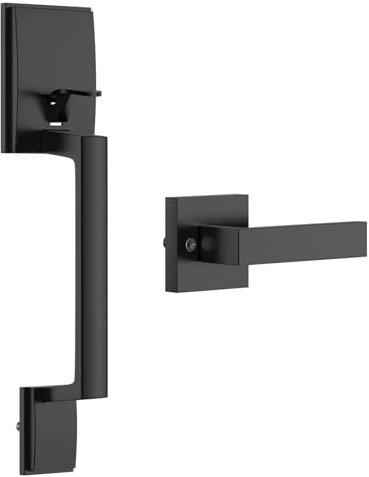 Migade Front Door Handle Entry Door Lock Handle Set for Left or Right Handed Doors Reversible Interior Exterior Single Cylinder Lower Half Adjustable Lever Bright Brass Non-Locking (Black)