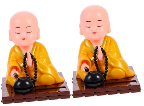 TOPBATHY 2pezzi Vivid Solar Car Monk Ornament Adorable Zen Statue for Car Interior Decoration Lightweight Craft with Automatic Nodding Feature Blessing for Home and Garden