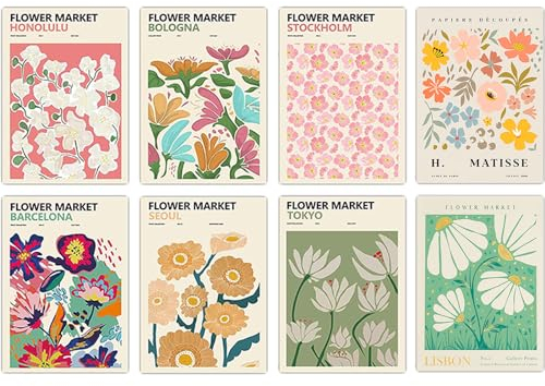 BDSHUNBF 8 Stück Stilvolles Blumen Bilder Set Flower Market Poster A4 Moderne Poster Wandbilder Vintage Bilder Wanddeko Matisse Poster Set für Wohnzimmer Schlafzimmer Esszimmer Ohne Rahmen