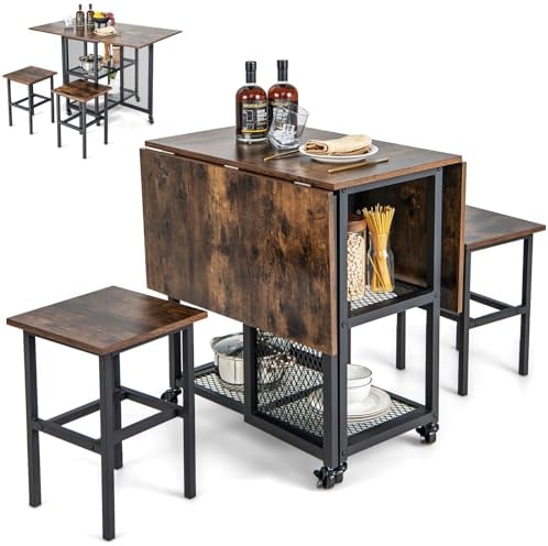 GiantexUK 3 PCS Folding Dining Table and Stools Set, Drop Leaf Dining Room Set with 2-Tiers Storage Shelves & 6 Wheels, Space-Saving Kitchen Table and Chairs Set for Home Living Room Pub (Brown+Black)