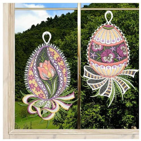 Oster-Fensterbild 2er Set Gestickte Ostereier mit Tulpe und Stiefmütterchen lachs-lila aus Vogtländischer Spitze | Große Schleife als Osternest | Farbenfrohe Frühlings-Deko 21x13 cm, inkl. Saughaken