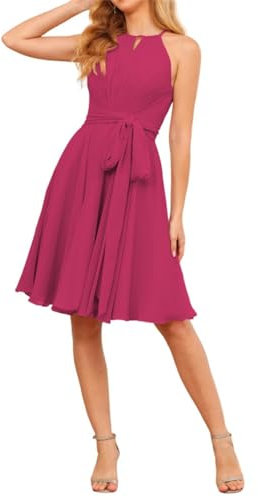 WSEYU Vestidos cortos de dama de honor para mujer, plisados, de gasa, vestidos de noche formales con cinturón, fucsia, 40