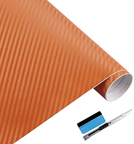 NewL Lámina de Vinilo 3D de Fibra de Carbono, con liberación de Aire, sin Burbujas, Incluye Herramientas de Montaje (Naranja, 50cm x 152cm)