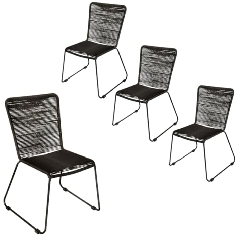Loreno 4er Set Outdoor Seilstuhl ISRA – Stapelbare Gartenstühle mit Grauer Seilbespannung aus Polyester & schwarzem Eisen-Gestell – Modernes Rope Chair Design für Garten, Balkon & Terrasse, Schwarz