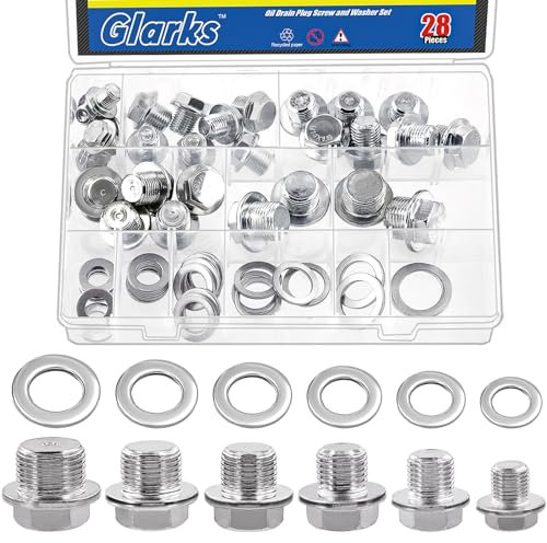 Glarks 1Pcs M10/M12/M14/M16//M18/M20 Automotive Oil Drain Plug and Gasket Assortment Set, 28Pcs Metric Oil Drain Plug and 28Pcs Oil Crush Washers Flat Washers Set Compatible with Jeep GM Ford Toyota