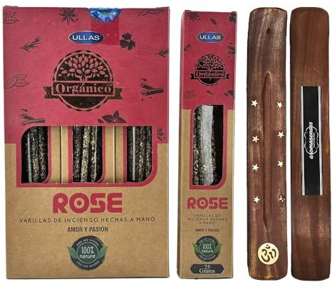 Aromasenses | Encens Bio à la Rose ULLAS |100% Naturel | 25 GR x 12 Paquet = Total 300 GR | Relaxation, Yoga, Méditation + brûleur d'encens Cadeau Aromasenses.