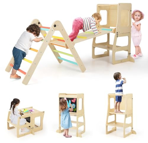 COSTWAY 7 en 1 Triangle d'escalade Montessori avec Rampe Réversible, Tour d’Apprentissage Montessori en Bois avec Tableau Noir, Table et Chaise, Charge 60kg pour Enfants de 3-14 Ans (Multicolore)