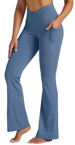 WILLIT Yogahose Damen Flare Leggings Jogginghose Hohe Taille Bootcut Bauchkontrolle Sporthose Büro Stretch Hose Elegante Schlaghose Workout Leggings mit Taschen 29 Dunstblau L