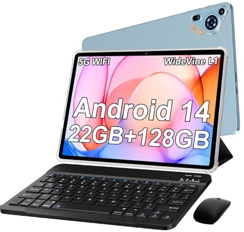 SKYEGG Tablet 10 Pulgadas Android 14, 22 GB RAM + 128 GB ROM (Ampliable a 1TB), Widevine L1, 5G Wi-Fi, GPS, 8000 mAh, 8 Cores 2.0 GHz, 5MP + 8MP, FHD Tablet con Teclado + Ratón + Funda, Azul