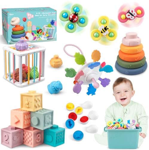 Montessori Juguetes para Bebes 6-12 Meses, 6 en 1 Juguete Sensoriales Bebe 1 2 3 Año, Bloques Construccion Apilables/Cubo Actividades Bebe/Juegos Bebe 1 Año/Regalos para Bebés en Cumpleaños y Navidad