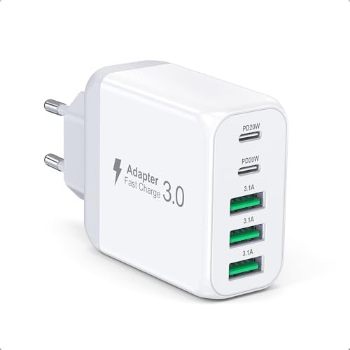 USB C Ladegerät, 5-Port Schnellladegerät USB Mehrfach Stecker mit 2 USB-C und 3 USB-A,Handy Netzstecker Schnellladen Charger für iPhone 17/16/15/14/13/12/Pro Max/XS/XR/Google Pixel/Samsung Galaxy