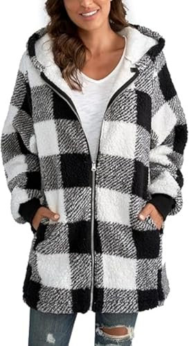 Manteau d'hiver à carreaux pour femme Veste Polaire Teddy en Peluche pour Cardigan en Peluche Souple Zippée pour Femme Mode chic en Chaud Hiver Décontractée Doux Ample Outerwear