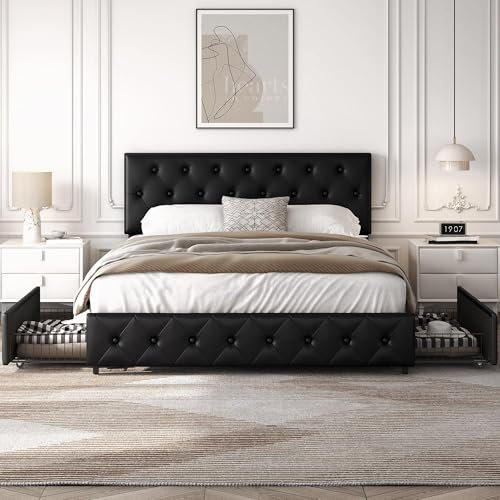 Yaheetech Lit Double rembourré avec tiroirs et Rangement avec Supports à Lattes en Bois, tête de lit réglable en Hauteur avec Rivets à Point de Tension Noir (160 x 200 cm)