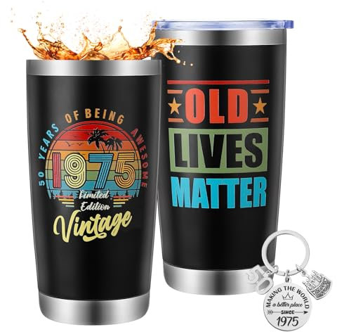 saerryor 50th Birthday Gifts for Men Women,Black 20oz Insulated Tumbler with Keyring, 50th Birthday Gifts for Him,50 Year Old Present for Dad Husband Mum Wife Teachers Friends