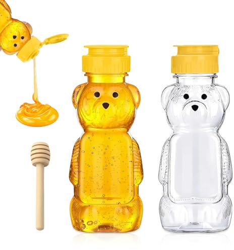 KHDULQ Stück Honigspender,Bär Honigspender Transparent Squeeze Flasche Honigglas Quetschflasche Mit Honigstick Klappdeckel Sirup Spender Einmachgläser Honigtopf,Für Ketchup Honey (250ml)