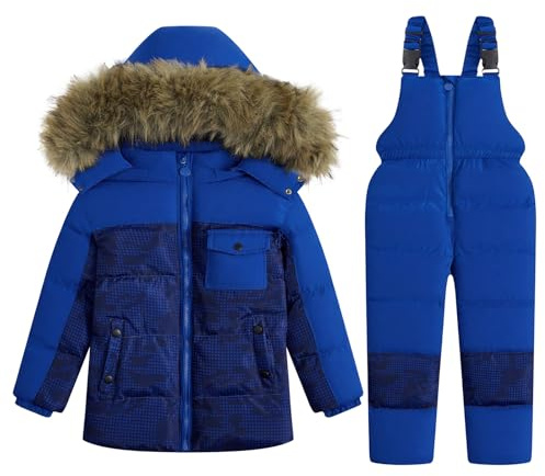 JiAmy Kids 2-Piece Snowsuit Winter Puffer Jacket and Snow Pants Ultralight Skisuit Set Blue 3-4 Years