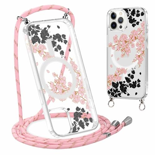Saqmkil Funda Magnética con Cuerda para iPhone 12 Pro MAX 6,7'' [Compatible con MagSafe], Transparente Carcasa con Ajustable Collar Cordón, Aesthetic Dibujos Case para iPhone 12 Pro MAX, Flores 02