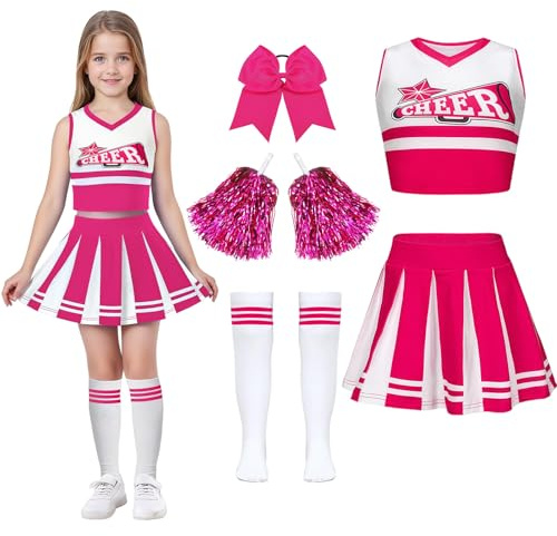 Luckyou Cheerleader Kinder Kostüm Mädchen Cheerleader mit Pompom Socken Karneval Kostüm Kinder für Halloween Sportfest-Pink-130