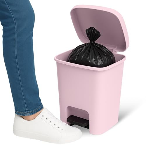 TECHZOCO Cubo basura plástico, Cubo basura apertura pedal, Papelera de pedal, cubo de Pedal, Basura para oficina, Libre BPA, 45 cm alto x 38 cm ancho x 32 cm fondo, Capacidad 27 Litros, Rosa claro.