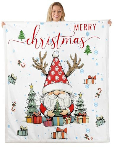 feelingyou Coperta in pile di flanella, simpatica coperta in pile con gnomo di Babbo Natale, decorazione rustica per la casa, regalo per albero di Natale, fiocchi di neve, coperta leggera per divano e