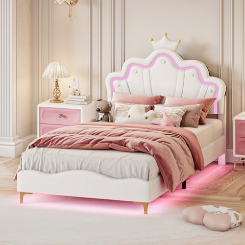 Kinderbett 90x200 mit LED-Streifen, Polsterbett für Mädchen, Kinder Prinzessin Bett, Kronen-Einzelbett 90x200 mit Verstellbares-Kopfteil, Bettgestell mit Lattenrost, PU-Leder, ohne Matratze
