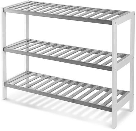 KEPLIN Natural Bamboo Shoe Rack Easy Assembly & Strong Design Shelf Organiser Ideal for Bedroom, Bathroom, Hallway & Small Spaces Capacity Up to 9 Pairs of Shoes (Grey/White, 3 Tier) (70x55x25cm)