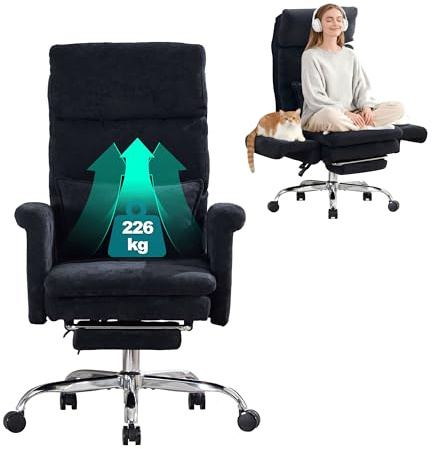 UEV kontorsstol ergonomisk med fotstöd upp till 226 kg, snurrstol svart | Fällbara armstöd, tjock sittdyna, justerbart nackstöd, skrivbordsstol för skärsäte, datorstol