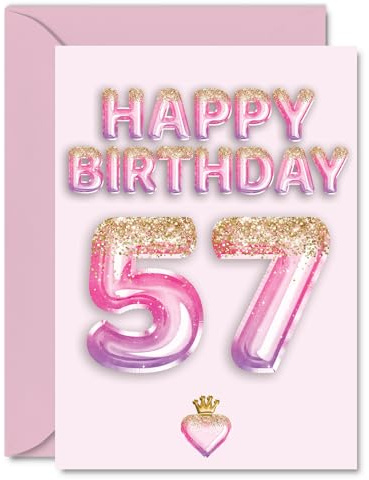 57th Birthday Cards for Women and Men, Pink & Purple Glitter Balloons | Happy Birthday Card for 57 Year Old Man Woman Wife or Husband Daughter Neighbour, A5 Bday Greeting Cards