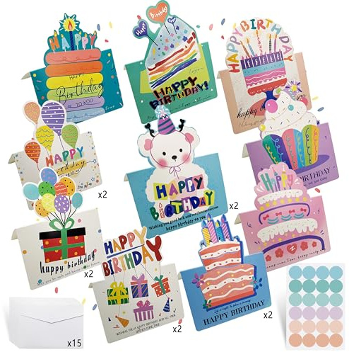 Xcdhemde® 15 Pcs Födelsedagskort med 15 Kuvert | Uppsättning Gratulationskort, Happy Birthday med 10 Olika Designer, Födelsedagskort Barn