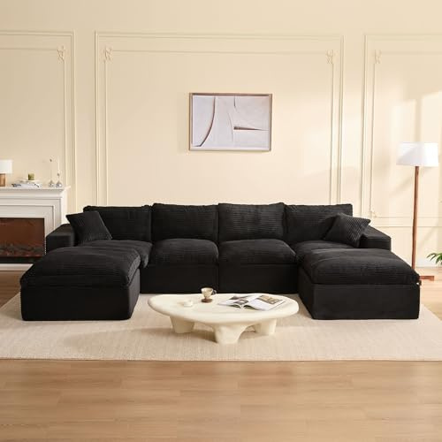 Litbird Canapé panoramique modulable en U 345 cm avec Fonction lit, Grand canapé Convertible Cloud, Assise Profonde, Mousse Haute densité, sans Montage, Velours côtelé – mobilier de Salon,Noir