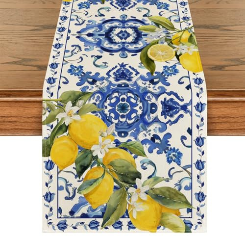 Tupenofif Tischläufer, tischläufer Zitronen mediterran Sommer blau weiß gelb modern gartentisch waschbar Polyester Outdoor frühling deko küche esstisch leinenoptik sizilianisch azulejo Muster bunt
