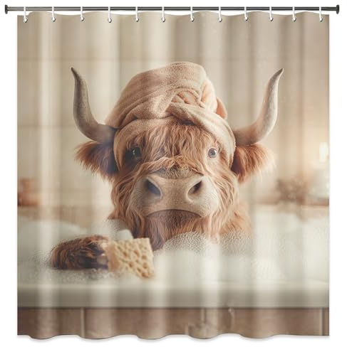 Generisch Duschvorhänge 120x200 cm Lustige Hochland Kuh, Duschvorhang Ländliche Tiere Westen, Wasserabweisend Polyester Stoff Waschbar mit Haken, Schmal Badevorhang für Badewanne, Bad Dekor 4kf3