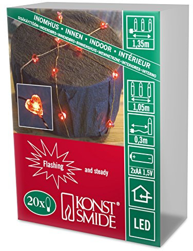 Konstsmide LED Dekolichterkette, Herzen, Blinklicht, 20 rote Dioden, batteriebetrieben, Innen, 2 x AA 1.5V (exkl.) - 1267-550