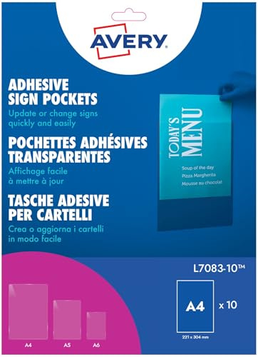 Avery Repositionable Clear Sign Pocket, Self-Adhesive Plastic Display Sleeve for A4 Sheets (221 x 304 mm), Removable Residue-Free Adhesive, Menu/Notice/Information Holder (L7083-10)