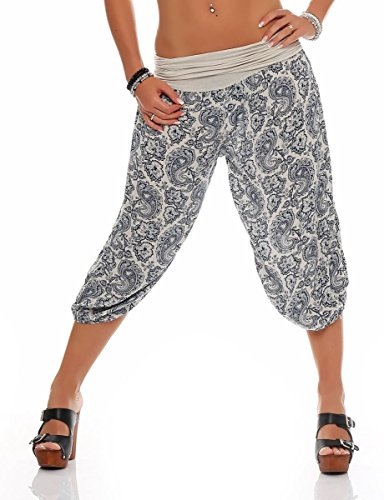 Malito – Damen Haremshose mit Orient Print – Pumphose aus Baumwolle – Kurze Stoffhose – Pluderhose zum Tanzen, Chillen & Yoga – knielange Capri Hose 8581 (Creme)