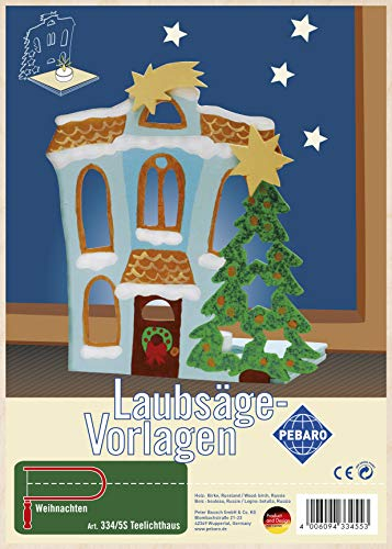 Pebaro 334/5S Laubsägevorlage Teelichthaus, 3mm Sperrholz DIN A 4, Motiv vorgedruckt, aussägen mit Laubsägebogen, basteln, anmalen, fertig, Laubsägen, Basteln mit Holz, Geschenkidee, Weihnachtsdeko