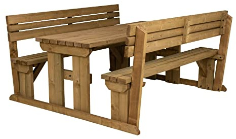 Arbor Garden Solutions 10 Seat Wooden picnic table and benches with backrest, Alders patio furniture set (7ft, Rustic Brown)