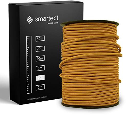 smartect Cable Electrique Textile Or, Fil Electrique Tissu de 3 Mètres, 3 Conducteurs (3 x 0,75mm²) Cable Tissu Lampe pour Les Projets de Bricolage