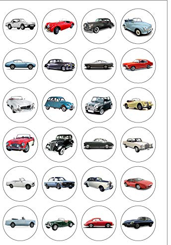 24 Precut 40mm Round Classic Vintage Cars Edible Wafer Paper Cake Toppers