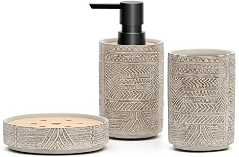 Creativefine Retro Badezimmer-Zubehör-Set mit Reliefmuster, Badaccessoires-Set 3-teilig inkl, Seifenspender, Seifenschale u. Zahnbürstenhalter, Lackiert, Grau