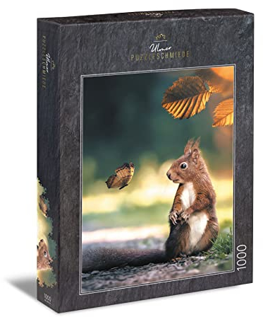Ulmer Puzzleschmiede - Puzzle „Pinselohr & Schwalbenschwanz“ - unverwechselbares 1000 Teile Puzzle mit kleinen Tier-Freunden – Das emsige Eichhörnchen Wird vom gut getarnten Schmetterling überrascht