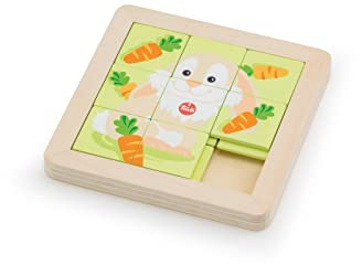 SEVI TUE44000 Oliviero Holz Schiebepuzzle für Kinder, 9-teilig mit Hasen Motiv, Puzzleteile richtig anordnen, Holzpuzzle, Lernspielzeug ab 3 Jahren, Lernpuzzle, Grün, Beige, ca. 18 x 18 x 2 cm