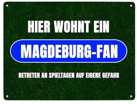 Hier wohnt ein Magdeburg-Fan Metallschild XXL in 28x38 cm mit Rasenmotiv Sportfan Magdeburg Sport Deutschland Kult Blechschild