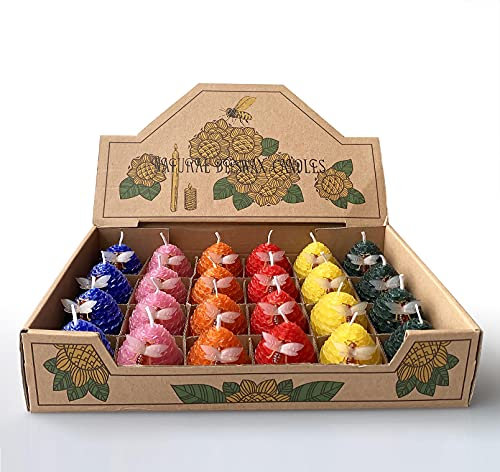 Lacaser Lot de 24 bougies chauffe-plat en cire d'abeille 100 % naturelle, sans coulures et sans fumée et sans parfum, 6 couleurs disponibles, emballage cadeau